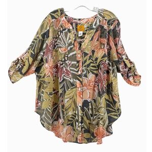 Ruby Rd Woman 2X Tropical Floral Button Down Roll Tab Sleeve Blouse Olive Coral